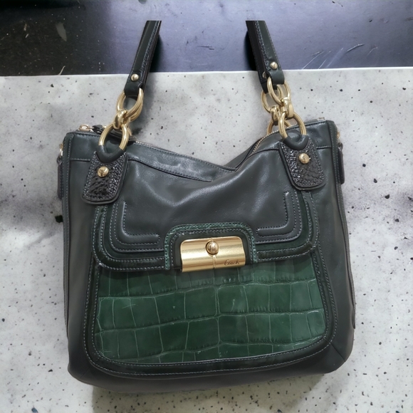 $458 Coach Kristin Spectator Exotic Leather Hobo Bag EUC Croc Dark Green Hunter - Picture 2 of 13